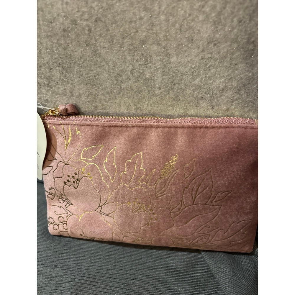 Threshold Mauve Pink Velvet Tech Pouch Gold Floral Travel Accessory Bag NEW